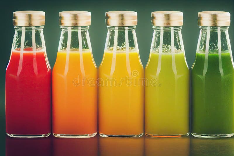 Bottles with Beautiful Multicolored Detox Juice Closed with Lids Stock