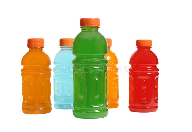 Bottles of Colorful Sports Drinks on White Background Stock Photo