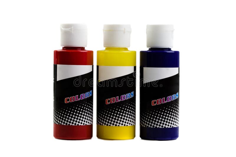 Bottles of Coloured Paint Yellow Red Blue Stock Illustration