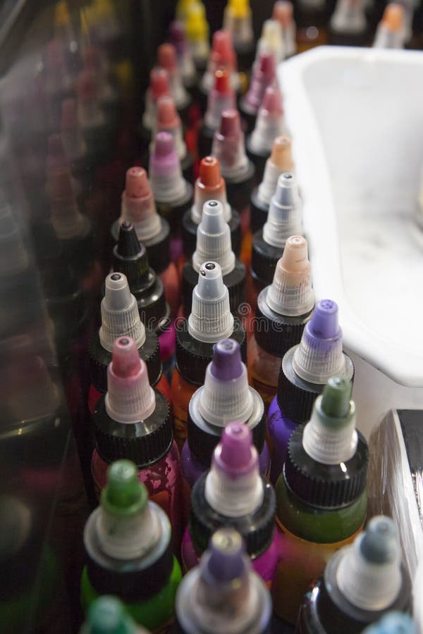 Bottles of Colourful Tattoo Inks, in a Tattoo Parlor Box Stock Photo