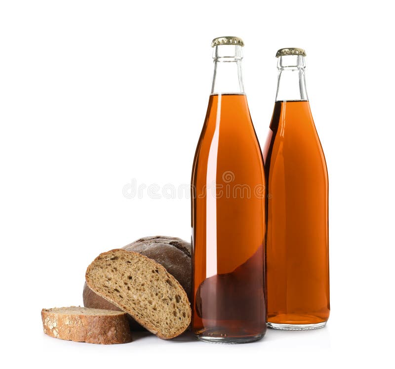 Bottles of Delicious Fresh Kvass and Bread Isolated on White Stock Photo Image of object