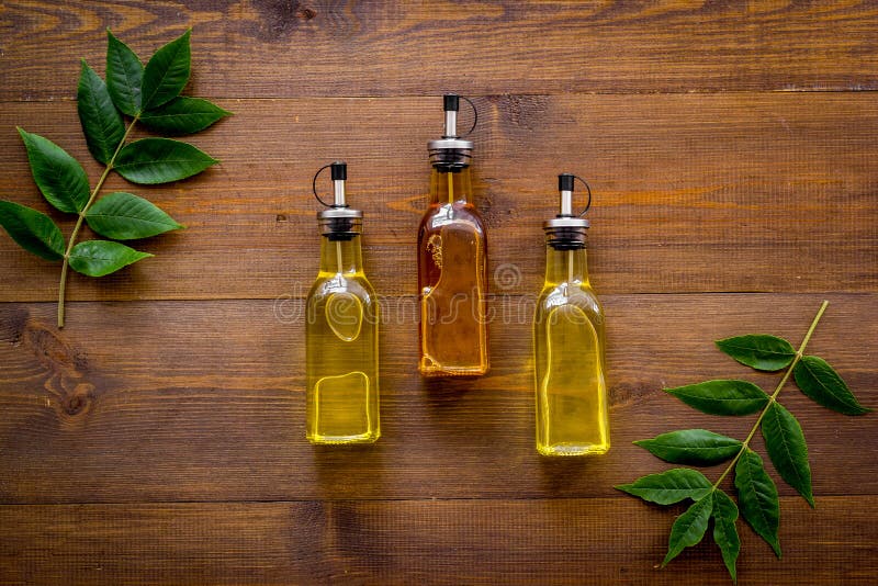 Bottles of Different Types Cooking Oil. Sunflower Olive and Sesame Oil