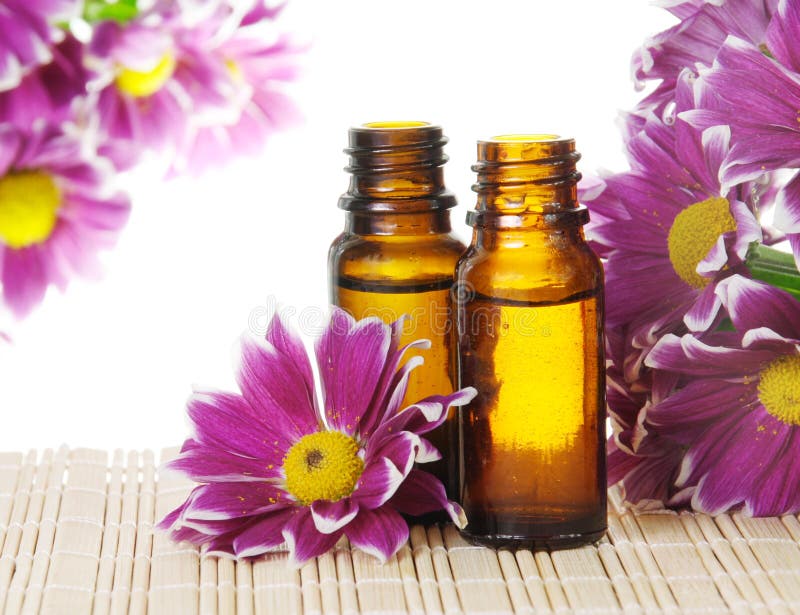 Aroma Oil in Bottles with Lavender, Pine and Mint Stock Image Image