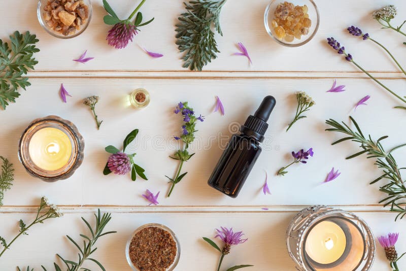 Bottles of essential oil with frankincense, hyssop, lavender and royalty free stock images Bottles of essential oil with frankincense, hyssop, lavender and royalty free stock images