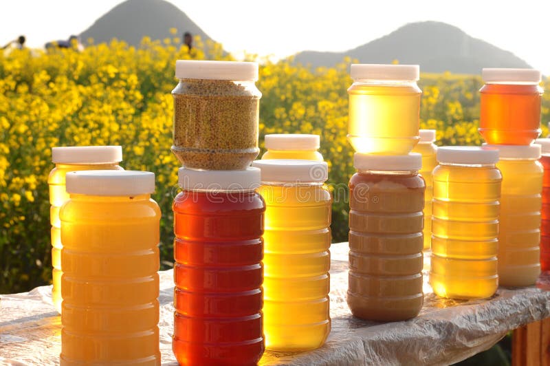 Bottles of fresh honey stock photo. Image of scenery 30226174