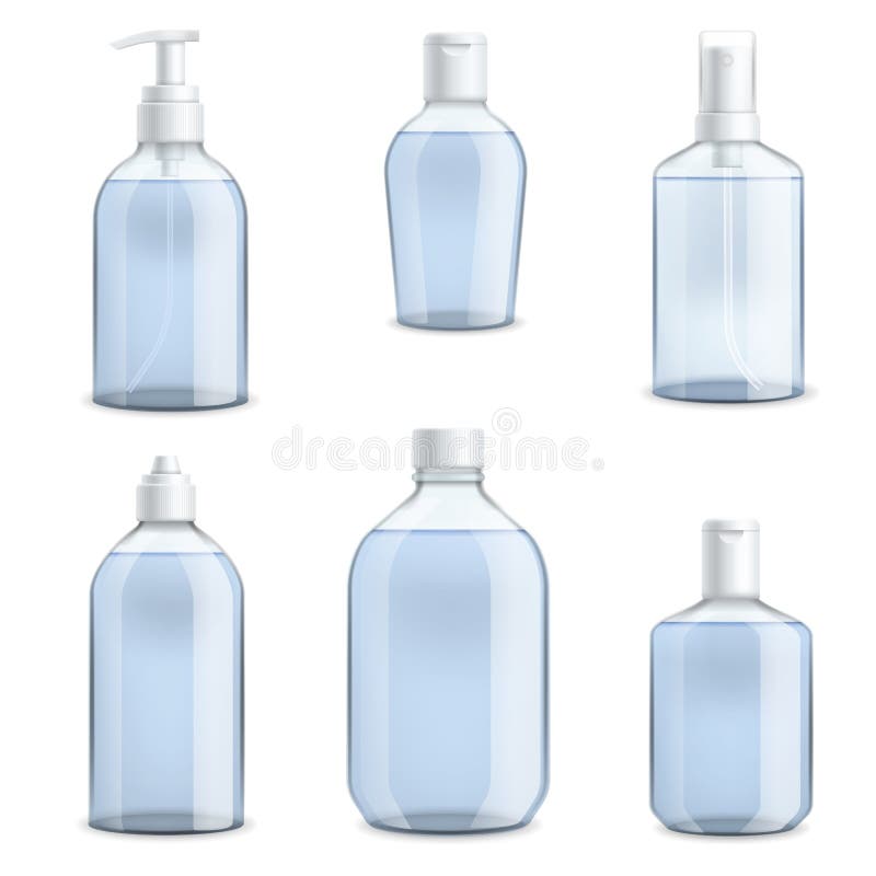 Transparent bottles. Realistic plastic containers for liquid