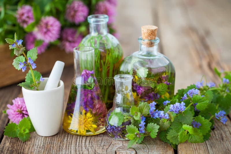 Bottles of infusion of healthy herbs, mortar and healing plants.