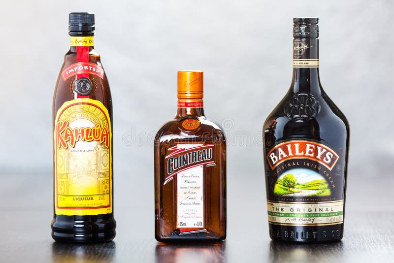 Bottles of Kahlua, Cointreau and Bailey s