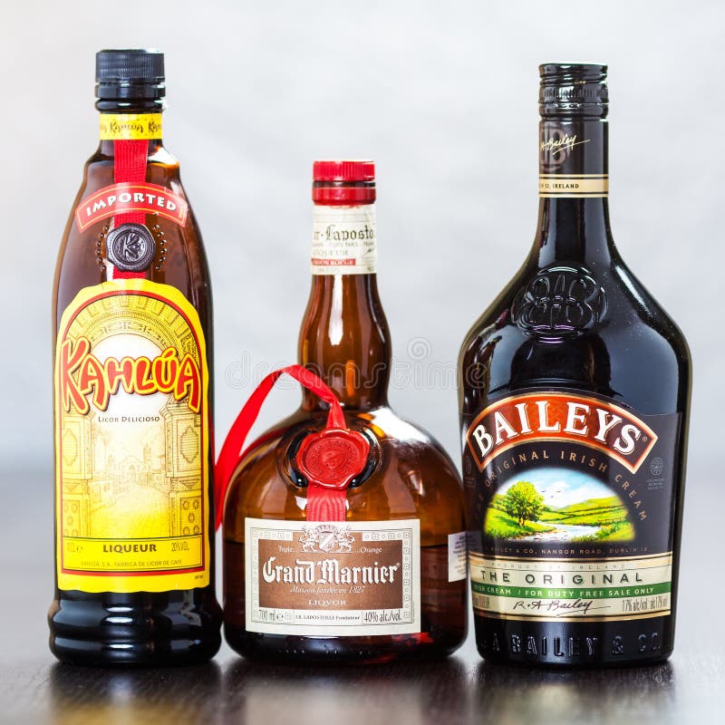 Bottles of Kahlua, Grand Marnier and Bailey s