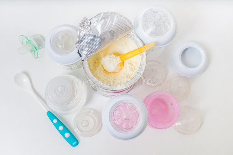 Bottles and Milk Formula in Can for Feeding Infant Stock Image Image