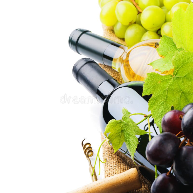 Bottles of Red and White Wine with Fresh Grape Stock Photo Image of