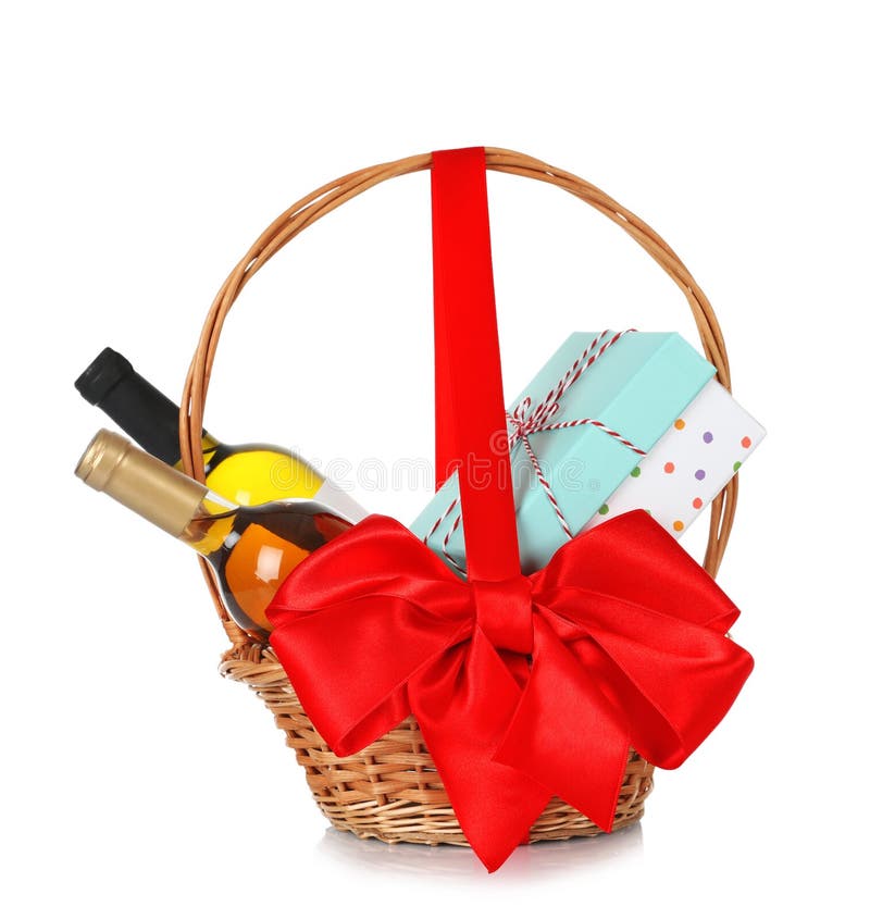 Bottles of Wine and Gift Box in Wicker Basket with Red Bow on White