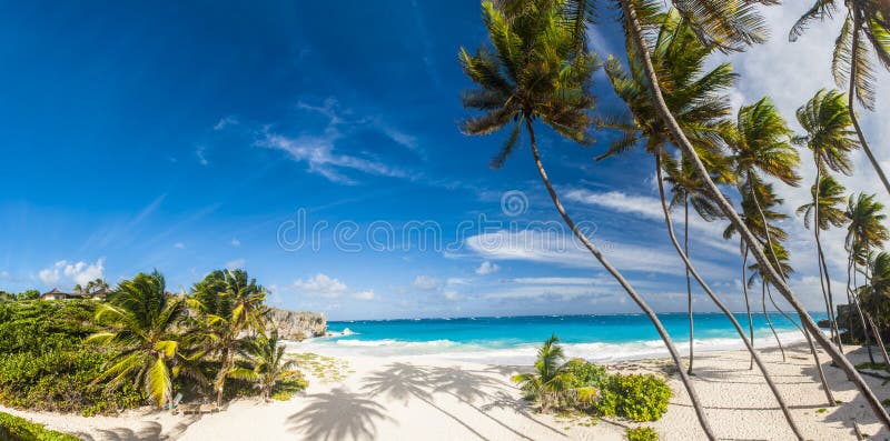 Bottom Bay is one of the most beautiful beaches on the Caribbean island of Barbados. It is a tropical paradise with palms hanging over turquoise sea. Panorama