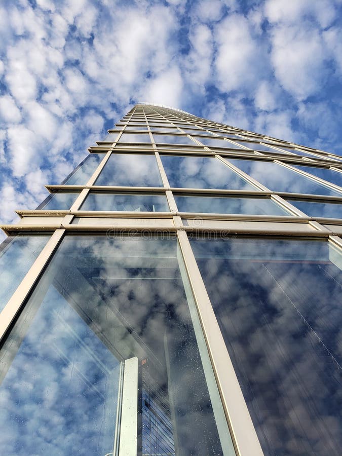 Bottom View of Amazing Modern Buildings Against Background of Blue