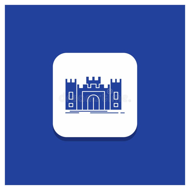 Bottone rotondo blu per il castello, difesa, fortificazione, fortezza, icona di glifo del punto di riferimento illustrazione di stock Bottone rotondo blu per il castello, difesa, fortificazione, fortezza, icona di glifo del punto di riferimento illustrazione di stock
