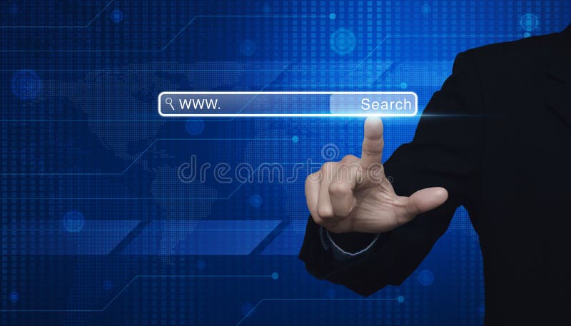 Botão de WWW da busca da pressão de mão do homem de negócios no mapa do mundo digital ilustração stock Botão de WWW da busca da pressão de mão do homem de negócios no mapa do mundo digital ilustração stock