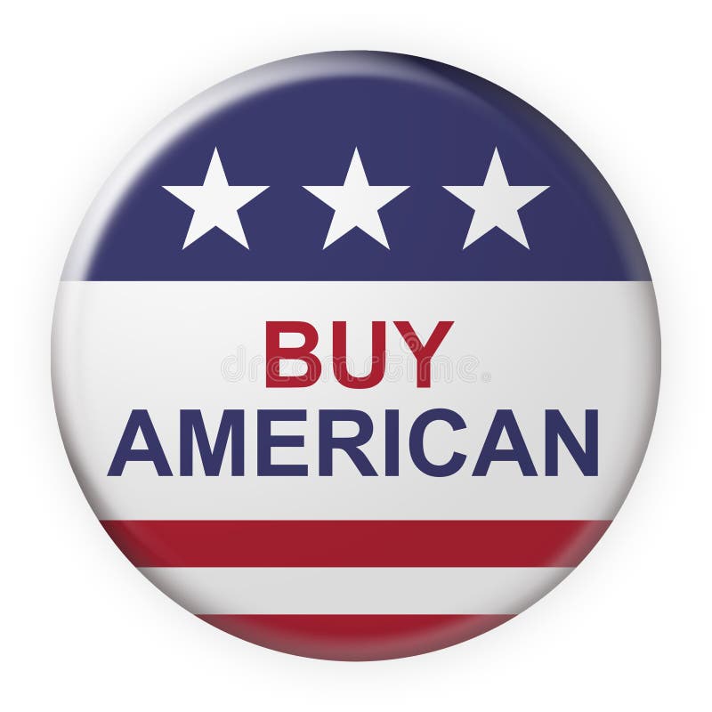 Botón americano del lema de la compra con la bandera de los E.E.U.U., ejemplo 3d en el fondo blanco