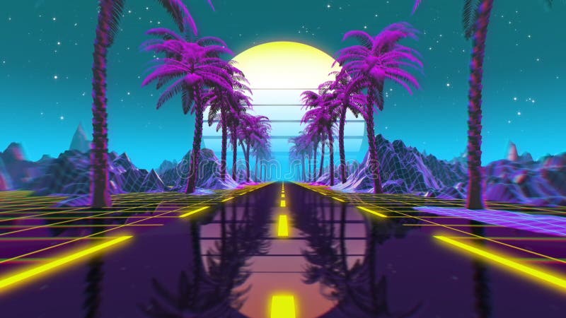 Boucle sans couture du rétro scifi 80s futuriste. Paysage vj avec les néons illustration libre de droits