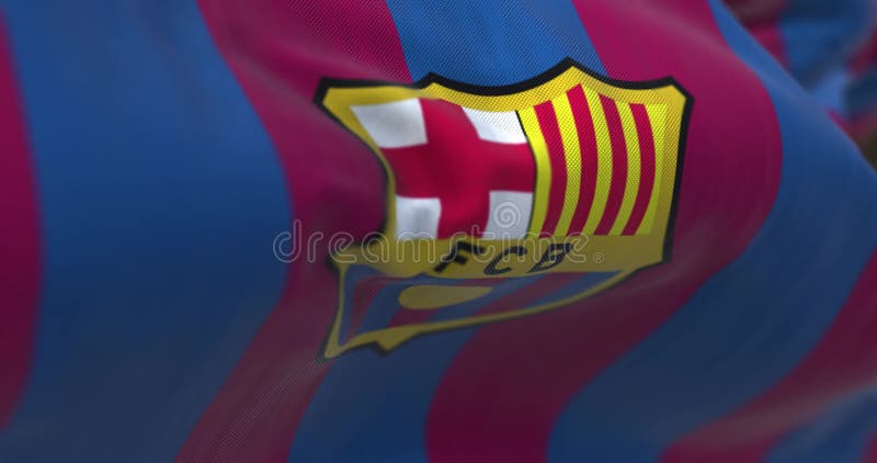 Boucle transparente au ralenti mouvement du drapeau de fc barcelone agitant illustration libre de droits