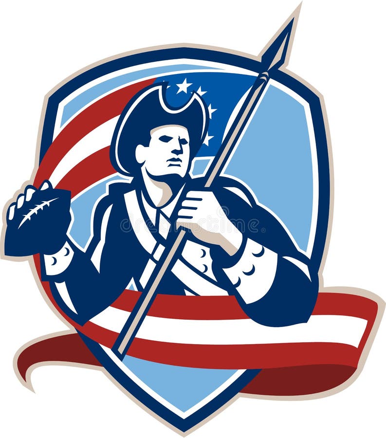 Illustration of an american patriot soldier football gridiron quarterback passing ball facing side carrying stars and stripes flag set inside crest shield done in retro style. Illustration of an american patriot soldier football gridiron quarterback passing ball facing side carrying stars and stripes flag set inside crest shield done in retro style.