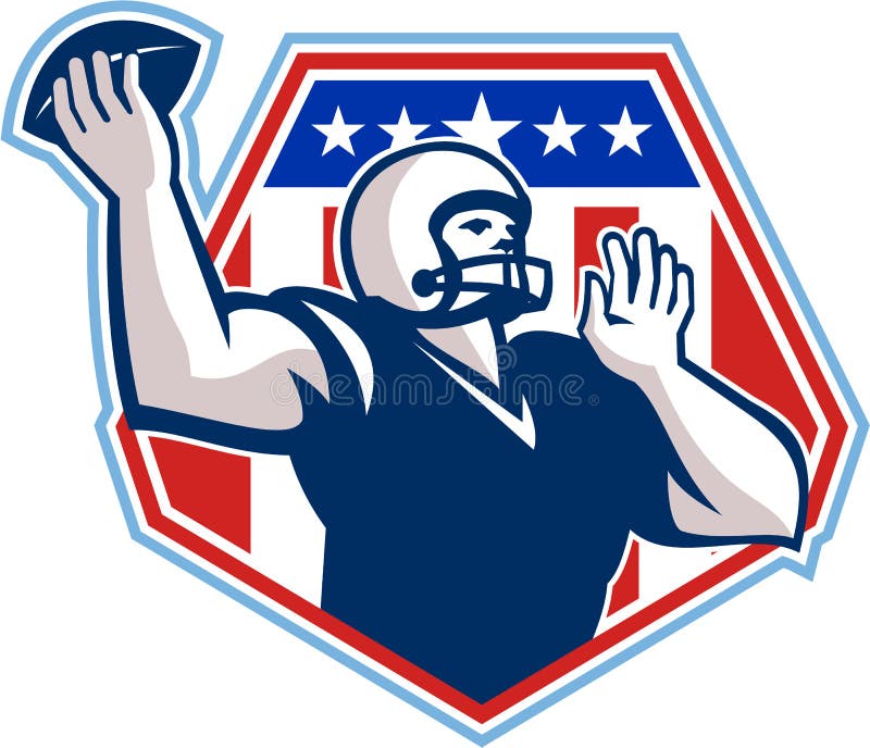 Illustration of an american football gridiron quarterback player throwing ball facing side set inside crest shield with stars and stripes flag done in retro style. Illustration of an american football gridiron quarterback player throwing ball facing side set inside crest shield with stars and stripes flag done in retro style.