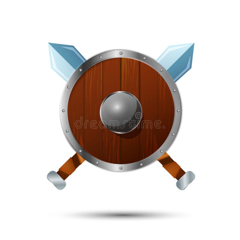 Bouclier en bois rond avec les épées croisées illustration libre de droits Bouclier en bois rond avec les épées croisées illustration libre de droits