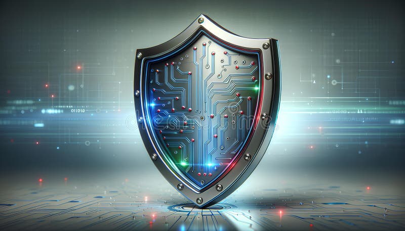 Bouclier numérique avec conception de carte de circuit représentant une protection avancée et la sécurité réseau dans un environne illustration stock