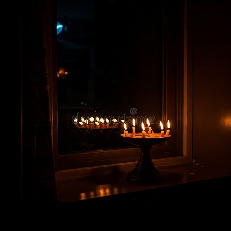 Bougies Brûlant Stand Window Nuit Généré Avec IA illustration stock