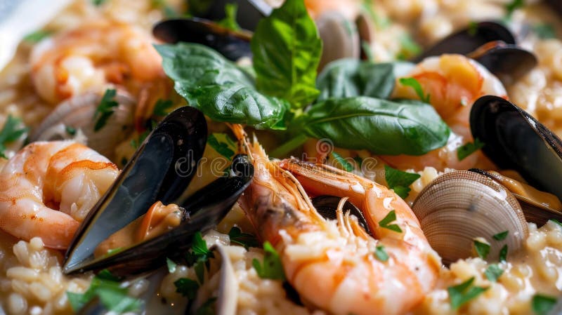Bouillabaisse risotto : cremiges Risotto mit Bouillabaisse-Brot, überzogen mit Garnelenmussen und Muscheln vektor abbildung