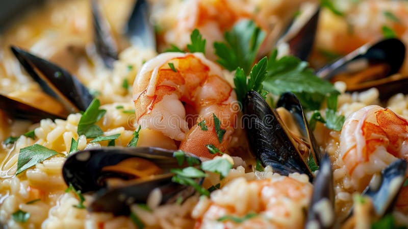 Bouillabaisse risotto : cremiges Risotto mit Bouillabaisse-Brot, überzogen mit Garnelenmussen und Muscheln stock abbildung