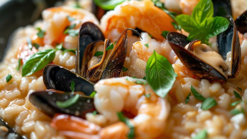 Bouillabaisse risotto : cremiges Risotto mit Bouillabaisse-Brot, überzogen mit Garnelenmussen und Muscheln stock abbildung