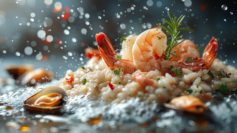 Bouillabaisse Risotto-Elemente in der Luft mit Krabbenmuscheln und Olivenöltröpfchen, die über cremig schweben vektor abbildung