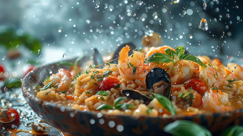 Bouillabaisse Risotto-Elemente in der Luft mit Shrimp-Muscheln mucken Kräuter und Olivenöltröpfchen über cremigem Risotto lizenzfreie abbildung