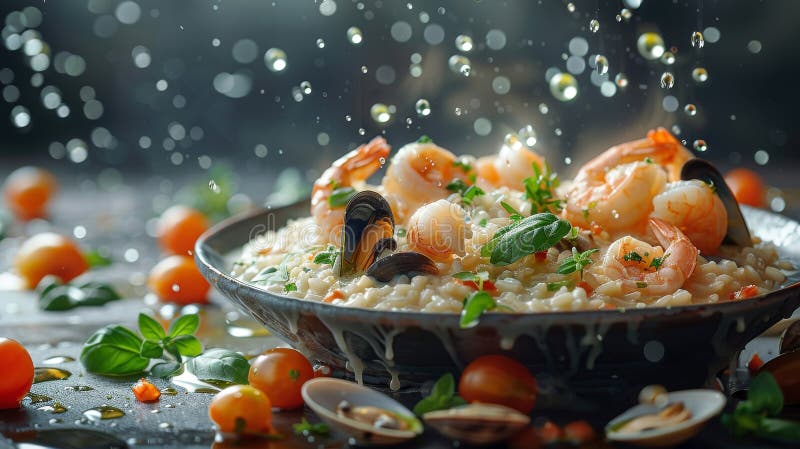 Bouillabaisse Risotto-Elemente in Midair zeigen Garnelenmuscheln, die Kräuter und Öltröpfchen über cremigem Risotto saugen stock abbildung