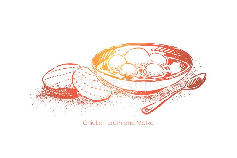Bouillon de poulet avec du pain azyme, cuisine juive traditionnelle, nourriture faite maison, déjeuner cacher, soupe avec des bou illustration de vecteur Bouillon de poulet avec du pain azyme, cuisine juive traditionnelle, nourriture faite maison, déjeuner cacher, soupe avec des bou illustration de vecteur