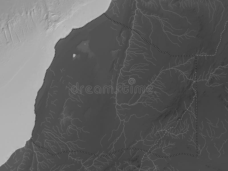 Boujdour, province of Western Sahara. Grayscale elevation map with lakes and rivers. Boujdour, province of Western Sahara. Grayscale elevation map with lakes and rivers