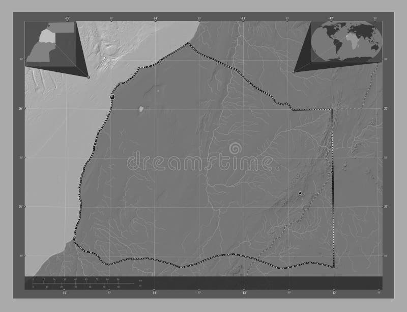 Boujdour, province of Western Sahara. Bilevel elevation map with lakes and rivers. Locations of major cities of the region. Corner auxiliary location maps. Boujdour, province of Western Sahara. Bilevel elevation map with lakes and rivers. Locations of major cities of the region. Corner auxiliary location maps