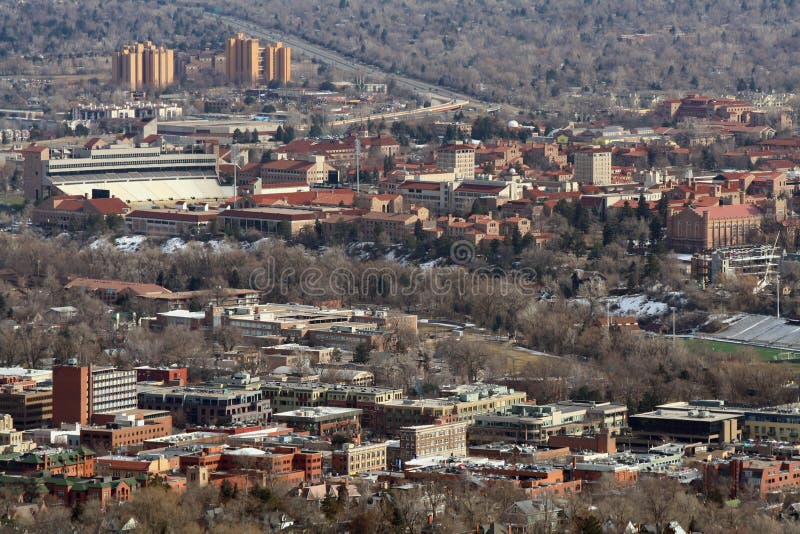 A view of downtown Boulder, Colorado. The shopping district is in the foreground and the University of Colorado - Boulder can be seen in the background.