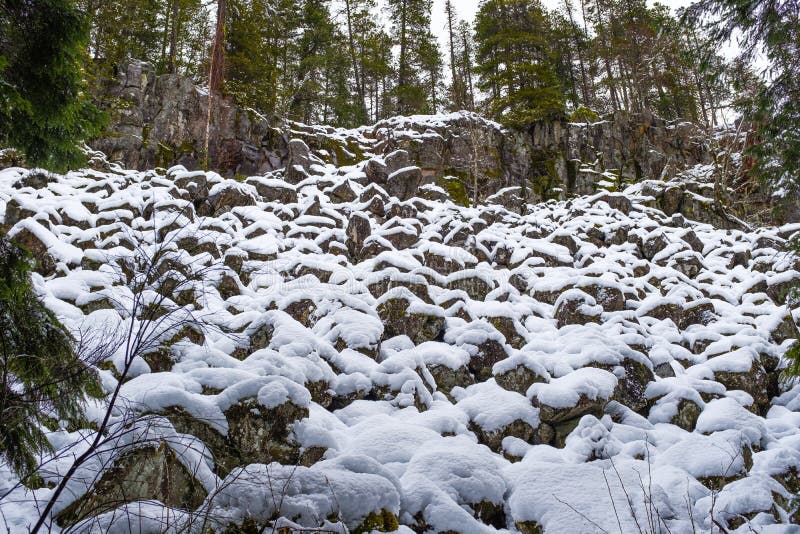Snow Creates a Pattern Light and Dark on a Boulder Field Stock Image