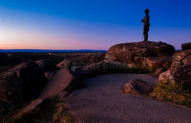 Boulders and statue on Little Round Top at twilight, Gettysburg