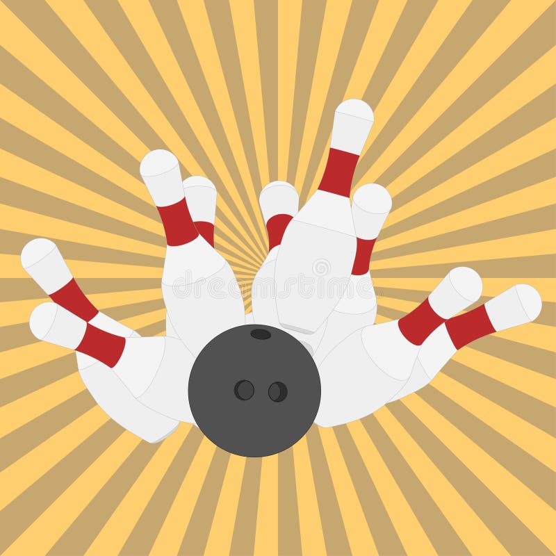 Bowling ball knocks down pins, strike, retro style, flat design - vectors. Bowling ball knocks down pins, strike, retro style, flat design - vectors