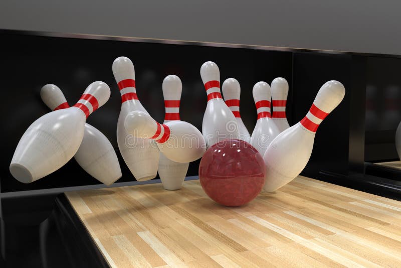 Boule de bowling frappant chacune des 10 goupilles, dans une grève