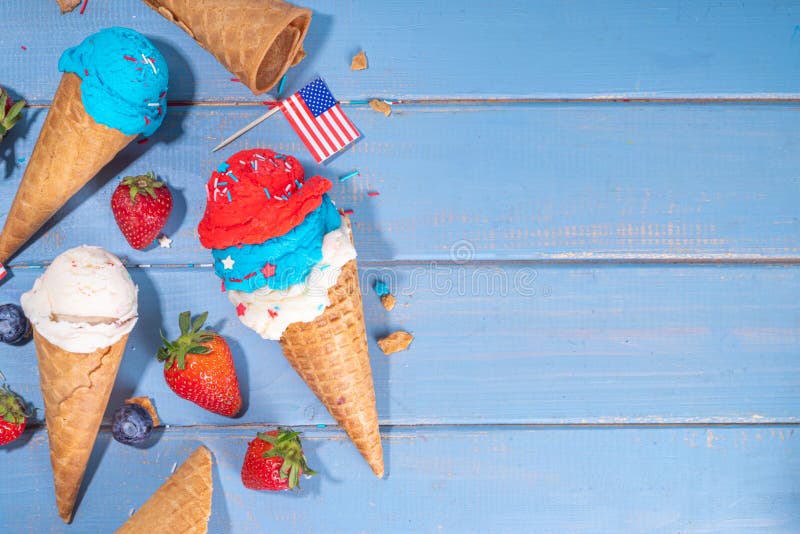 Red, white and blue ice cream balls. Patriotic USA lollypops ice cream for july 4 party or bbq picnic, tasty summer dessert with fruit berry flavours, with waffle cones. Red, white and blue ice cream balls. Patriotic USA lollypops ice cream for july 4 party or bbq picnic, tasty summer dessert with fruit berry flavours, with waffle cones