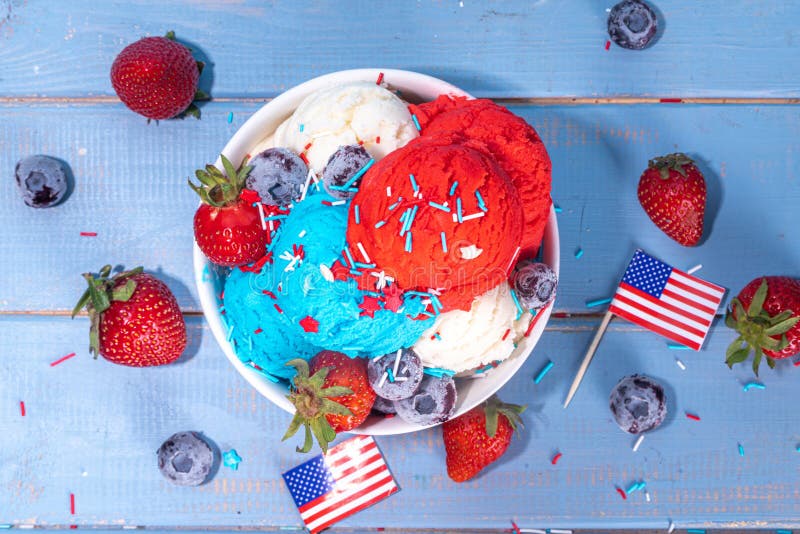 Red, white and blue ice cream balls. Patriotic USA lollypops ice cream for july 4 party or bbq picnic, tasty summer dessert with fruit berry flavours, with waffle cones. Red, white and blue ice cream balls. Patriotic USA lollypops ice cream for july 4 party or bbq picnic, tasty summer dessert with fruit berry flavours, with waffle cones