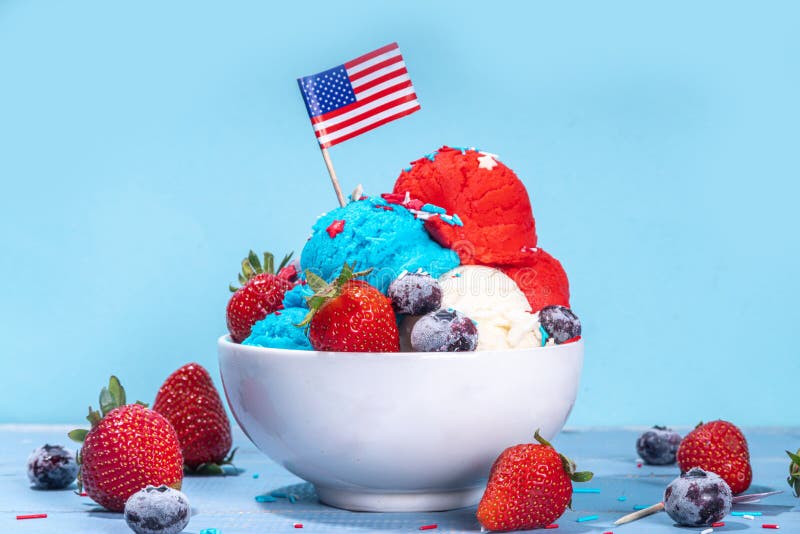 Red, white and blue ice cream balls. Patriotic USA lollypops ice cream for july 4 party or bbq picnic, tasty summer dessert with fruit berry flavours, with waffle cones. Red, white and blue ice cream balls. Patriotic USA lollypops ice cream for july 4 party or bbq picnic, tasty summer dessert with fruit berry flavours, with waffle cones