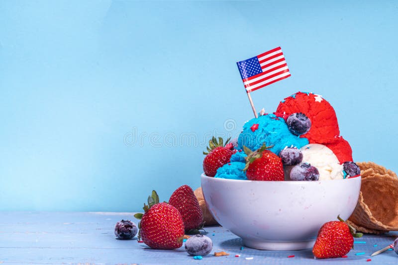 Red, white and blue ice cream balls. Patriotic USA lollypops ice cream for july 4 party or bbq picnic, tasty summer dessert with fruit berry flavours, with waffle cones. Red, white and blue ice cream balls. Patriotic USA lollypops ice cream for july 4 party or bbq picnic, tasty summer dessert with fruit berry flavours, with waffle cones