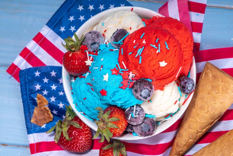 Red, white and blue ice cream balls. Patriotic USA lollypops ice cream for july 4 party or bbq picnic, tasty summer dessert with fruit berry flavours, with waffle cones. Red, white and blue ice cream balls. Patriotic USA lollypops ice cream for july 4 party or bbq picnic, tasty summer dessert with fruit berry flavours, with waffle cones