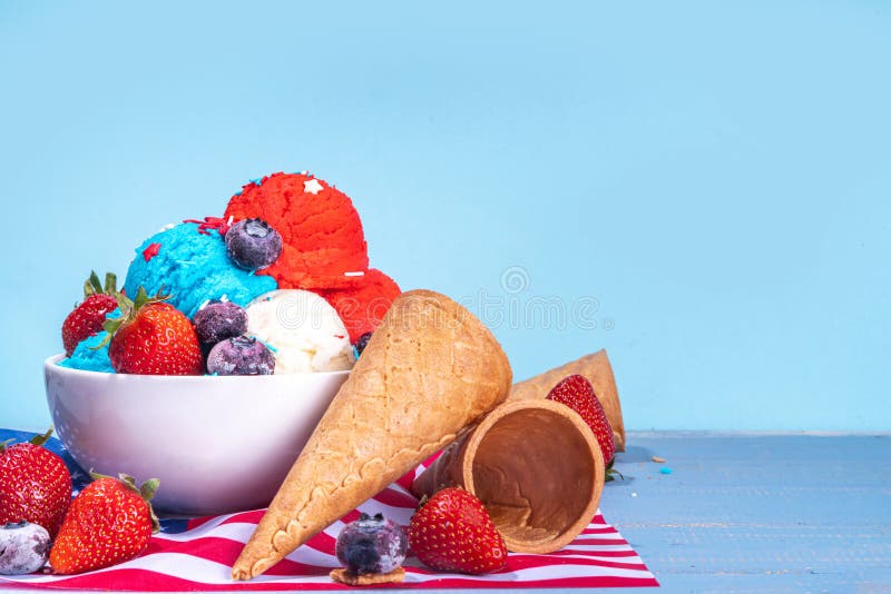 Red, white and blue ice cream balls. Patriotic USA lollypops ice cream for july 4 party or bbq picnic, tasty summer dessert with fruit berry flavours, with waffle cones. Red, white and blue ice cream balls. Patriotic USA lollypops ice cream for july 4 party or bbq picnic, tasty summer dessert with fruit berry flavours, with waffle cones