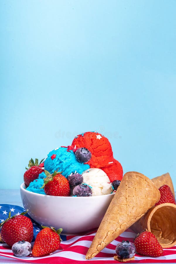 Red, white and blue ice cream balls. Patriotic USA lollypops ice cream for july 4 party or bbq picnic, tasty summer dessert with fruit berry flavours, with waffle cones. Red, white and blue ice cream balls. Patriotic USA lollypops ice cream for july 4 party or bbq picnic, tasty summer dessert with fruit berry flavours, with waffle cones