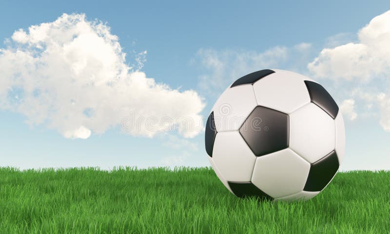 Boule de football sur le champ d'herbe verte avec le ciel bleu images libres de droits Boule de football sur le champ d'herbe verte avec le ciel bleu images libres de droits
